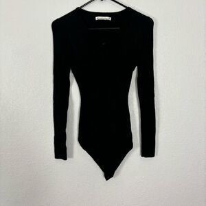 Abercombie & Fitch Black Ribbed Cutout Front Detail Long Sleeve Thong Bodysuit